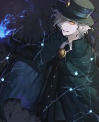 Rule 34 | 1boy, ailm, bad id, bad pixiv id, black gloves, black hat, black shirt, black theme, brooch, cape, edmond dantes (fate), electricity, fate/grand order, fate (series), fedora, gloves, grey background, grin, hair over one eye, hat, jewelry, magic, male focus, pale skin, shirt, smile, solo, top hat, white hair, yellow eyes