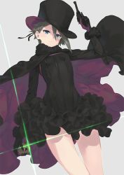Rule 34 | 1girl, ange (princess principal), asymmetrical hair, black dress, black hat, blue eyes, braid, breasts, brown hair, cape, cavorite ball, closed mouth, commentary request, dress, french braid, frills, fur-trimmed sleeves, fur trim, gloves, grey background, gun, handgun, hat, holding, holding gun, holding weapon, long sleeves, pink gloves, princess principal, ribbon, short hair, simple background, small breasts, solo, top hat, wasabi60, weapon