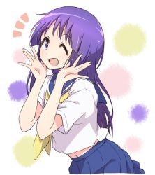 Rule 34 | 1girl, ;d, blouse, blue sailor collar, blue skirt, commentary request, cowboy shot, hinata yukari, leaning forward, long hair, looking at viewer, mel (melty pot), midriff, multicolored background, navel, neckerchief, one eye closed, open mouth, pleated skirt, purple eyes, purple hair, sailor collar, school uniform, serafuku, shirt, short sleeves, skirt, smile, solo, white shirt, yellow neckerchief, yuyushiki