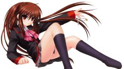 Rule 34 | 1girl, absurdres, bell, black jacket, black socks, brown hair, closed mouth, clothes between thighs, collared shirt, dress shirt, floating hair, grey skirt, hair between eyes, highres, jacket, kneehighs, little busters!, long hair, long sleeves, miniskirt, na-ga, natsume rin, official art, outstretched arm, pink neckwear, plaid, plaid skirt, pleated skirt, red eyes, ribbon, school uniform, shirt, simple background, skirt, socks, solo, very long hair, white background, white ribbon, white shirt, wing collar