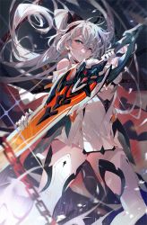 Rule 34 | 1girl, arutera, banned artist, bare shoulders, black gloves, blue eyes, boots, cape, chain, closed mouth, earrings, gauntlets, gloves, hair between eyes, hair ornament, holding, holding sword, holding weapon, honkai (series), honkai impact 3rd, jewelry, kiana kaslana, kiana kaslana (herrscher of flamescion), long hair, looking at viewer, ponytail, solo, sword, thigh boots, thighhighs, torn cape, torn clothes, weapon, white footwear, white hair