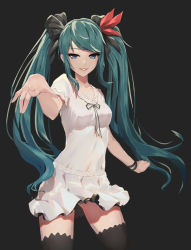 Rule 34 | 1girl, absurdres, black background, black bow, black ribbon, black thighhighs, blue eyes, bow, bracelet, collarbone, cowboy shot, floating hair, green hair, hair bow, hair ribbon, hatsune miku, hentai kuwa, highres, jewelry, long hair, looking at viewer, miniskirt, neck ribbon, parted bangs, parted lips, pleated skirt, red ribbon, ribbon, shirt, short sleeves, simple background, skirt, smile, solo, standing, thighhighs, twintails, very long hair, vocaloid, white shirt, white skirt, world is mine (vocaloid), zettai ryouiki