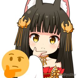 Rule 34 | &gt;:(, 1girl, animal ear fluff, animal ears, azur lane, bare shoulders, black hair, blush, brown eyes, closed mouth, detached sleeves, dress, emoji, fox ears, hair ornament, light frown, long hair, long sleeves, looking at viewer, mitya, nagato (azur lane), red dress, revision, simple background, solo, strapless, strapless dress, thinking, thinking emoji, twitter username, upper body, v-shaped eyebrows, white background, white sleeves, wide sleeves