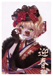 Rule 34 | 1girl, black gloves, black hat, blonde hair, bow, brown-tinted eyewear, choker, earrings, eyelashes, eyeliner, flower, fur, glint, gloves, green eyes, hair bow, hair flower, hair ornament, hand up, hat, highres, idolmaster, idolmaster cinderella girls, japanese clothes, jewelry, kimono, lips, lipstick, long sleeves, looking at viewer, magako, makeup, miyamoto frederica, parted lips, red flower, red kimono, red lips, round eyewear, smile, solo, striped clothes, striped kimono, sunglasses, tinted eyewear, white background, wide sleeves