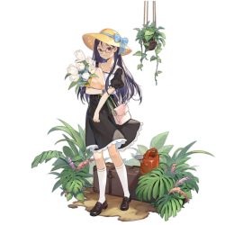 Rule 34 | 1girl, bag, black dress, black eyes, black hair, blue bow, bow, brown footwear, claes, collarbone, crossover, dress, flower, full body, girls&#039; frontline, glasses, guest character, guest fighter, gunslinger girl, hat, hat bow, holding, holding flower, kneehighs, leaf, long hair, looking at viewer, official alternate costume, official art, pink bag, plant, pot, puffy short sleeves, puffy sleeves, shoes, short sleeves, sidelocks, smile, smile (mm-l), socks, solo, standing, straw hat, teeth, transparent background, watch, watering can, white flower, white socks, wristwatch