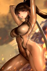 Rule 34 | 1girl, 1nilla&#039;, absurdres, arms up, artist name, black hair, bodysuit, breasts, brown eyes, covered erect nipples, covered navel, curvy, eve (stellar blade), gluteal fold, highres, impossible bodysuit, impossible clothes, large breasts, lips, long hair, looking at viewer, open mouth, ponytail, skin suit (stellar blade), skin tight, stellar blade, thick thighs, thighs, wide hips