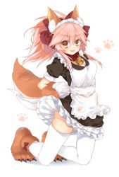Rule 34 | 1girl, alternate costume, animal ear fluff, animal ears, animal hands, apron, bell, braid, breasts, cat hair ornament, cat paws, cleavage, collar, commentary, enmaided, fangs, fate/grand order, fate (series), fox ears, fox tail, frills, gloves, hair ornament, highres, jingle bell, looking at viewer, maid, maid apron, maid headdress, medium breasts, neck bell, open mouth, paw gloves, paw shoes, pink hair, pukupoyo, shoes, simple background, solo, tail, tamamo (fate), tamamo cat (fate), tamamo cat (second ascension) (fate), thighhighs, waist apron, white background, white thighhighs