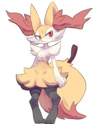 Rule 34 | absurdres, animal ear fluff, animal ears, arm behind back, black fur, braixen, closed mouth, creatures (company), digitigrade, fox ears, fox tail, full body, game freak, gen 6 pokemon, highres, looking at viewer, multicolored fur, nintendo, nyaswitchnya, pokemon, pokemon (creature), red eyes, red fur, red nose, signature, simple background, snout, solo, standing, stick, tail, tsurime, wavy mouth, white background, white fur, yellow fur