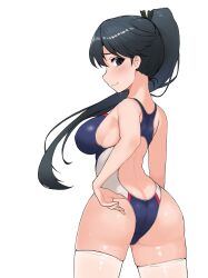 Rule 34 | 1girl, absurdres, ass, black hair, black one-piece swimsuit, breasts, butt crack, competition swimsuit, from behind, highleg, highleg swimsuit, highres, houshou (kancolle), kantai collection, kinakomochi (testament05), large breasts, long hair, looking at viewer, looking back, multicolored clothes, multicolored swimsuit, one-piece swimsuit, ponytail, simple background, solo, swimsuit, thighhighs, white background, white thighhighs
