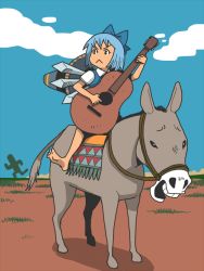 Rule 34 | 1girl, :&lt;, acoustic guitar, barefoot, blue eyes, blue hair, bow, cirno, donkey, final fantasy, guitar, hair bow, hat, instrument, matching hair/eyes, mexican blanket, no nose, onikobe rin, outdoors, riding, sabotender, solo, sombrero, touhou, wings