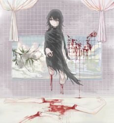 Rule 34 | 1girl, amputee, barefoot, black dress, black hair, blood, blood on wall, brutal vap, burn scar, closed mouth, commentary, commission, curtains, dress, dripping, english commentary, floating, grey eyes, half-closed eyes, highres, long hair, long sleeves, mosaic art, original, pool of blood, scar, scar on face, severed limb, skeb commission, solo, surreal, tile wall, tiles, torn clothes, torn dress, triple amputee, turtleneck, turtleneck dress, wide shot