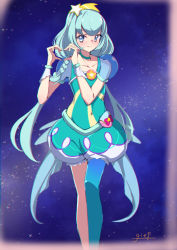 Rule 34 | 1girl, absurdres, aqua choker, aqua shorts, blue eyes, blue hair, blue pantyhose, blush, closed mouth, collarbone, covered navel, cure milky, giep4869, hair ornament, heart, heart hands, highres, long hair, looking at viewer, multicolored clothes, multicolored shorts, pantyhose, precure, see-through, see-through sleeves, short shorts, short sleeves, shorts, single leg pantyhose, smile, solo, star (sky), star (symbol), star hair ornament, star twinkle precure, white shorts