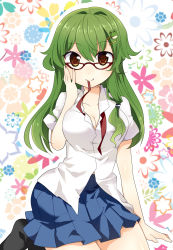Rule 34 | 1girl, adjusting eyewear, alternate costume, bad id, bad pixiv id, bespectacled, breasts, casual, cleavage, female focus, frog, glasses, green hair, hair ornament, hairpin, highres, ika, kochiya sanae, large breasts, long hair, looking at viewer, mouth hold, open clothes, open shirt, pleated skirt, school uniform, shirt, skirt, solo, touhou, untied, yellow eyes