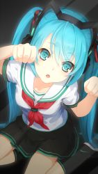 Rule 34 | 1girl, against glass, bad id, bad pixiv id, fang, female focus, hatsune miku, headphones, long hair, looking at viewer, md5 mismatch, open mouth, paw pose, school uniform, serafuku, sitting, skirt, socks, solo, twintails, very long hair, vocaloid, yamano uzura