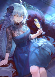 Rule 34 | 1girl, ahoge, blue dress, braid, breasts, closed mouth, cup, dress, drinking glass, fate/grand order, fate (series), hair between eyes, highres, jeanne d&#039;arc (fate), jeanne d&#039;arc alter (avenger) (fate), jeanne d&#039;arc alter (fate), large breasts, long hair, looking at viewer, mashuu (neko no oyashiro), silver hair, sitting, smile, solo, yellow eyes