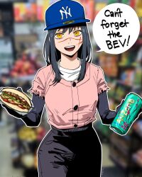 1girl :d absurdres arizona_(drink) baseball_cap black_hair black_pants can chainsaw_man cross_scar food hat highres holding holding_can holding_food long_hair machipachi1901 new_york_yankees open_mouth pants pink_shirt ringed_eyes scar scar_on_face shirt shirt_tucked_in smile solo speech_bubble torn_clothes torn_sleeves yellow_eyes yoru_(chainsaw_man)