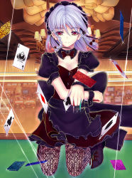 Rule 34 | 1girl, absurdres, ace (playing card), ace of spades, alternate costume, bad id, bad pixiv id, braid, breasts, card, cleavage, female focus, highres, izayoi sakuya, kneeling, maid headdress, medium breasts, pantyhose, playing card, puffy short sleeves, puffy sleeves, red eyes, short hair, short sleeves, silver hair, solo, spade (shape), touhou, twin braids, wrist cuffs, xiaoai