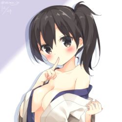 Rule 34 | 10s, 1girl, black eyes, black hair, blush, breasts, collarbone, dated, finger to mouth, japanese clothes, kaga (kancolle), kantai collection, kimono, looking at viewer, masuishi kinoto, medium breasts, off shoulder, open clothes, open kimono, shima (shima je), short hair, side ponytail, solo, twitter username, upper body