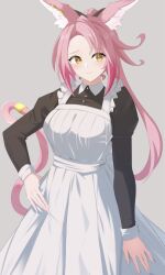 Rule 34 | 1girl, alternate costume, animal ears, apron, breasts, duel monster, enmaided, grey background, hand on own hip, heichi, highres, large breasts, long hair, maid, maid apron, pink hair, ponytail, tail, tail ornament, tail ring, tri-brigade ferrijit the barren blossom, yellow eyes, yu-gi-oh!