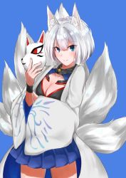 Rule 34 | 1girl, animal ears, azur lane, blue eyes, blush, breasts, cleavage, eyebrows, highres, japanese clothes, kaga (azur lane), kimono, looking at viewer, mask, medium breasts, short hair, silver hair, simple background, skirt, smile, solo, standing, tail