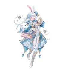 Rule 34 | 1girl, animal ears, bag, blue hair, bodysuit, boots, clock, coat, creature, cross-laced footwear, floating, gloves, grimlight, hair ribbon, hat, highres, holding, kinty, lace-up boots, long hair, official art, pink eyes, rabbit ears, rabbit girl, ribbon, shoulder bag, simple background, solo, tailcoat, transparent background, white rabbit (grimlight)