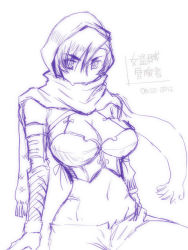 Rule 34 | 1girl, 2012, breasts, cleavage, dated, dungeons &amp; dragons: shadow over mystara, dungeons &amp; dragons, hood, large breasts, midriff, monochrome, moriah, navel, scarf, short hair, signature, sketch, solo, vambraces, zero hime
