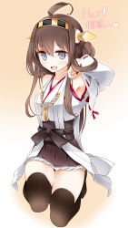 Rule 34 | 10s, 1girl, absurdres, ahoge, arm up, armpits, bad id, bad pixiv id, black eyes, brown hair, detached sleeves, hairband, highres, japanese clothes, kantai collection, kongou (kancolle), long hair, oouso, personification, smile, solo, thighhighs