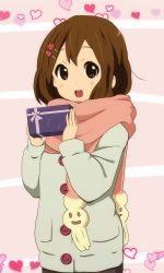 Rule 34 | 1girl, amano kouki, brown eyes, brown hair, gift, heart, highres, hirasawa yui, holding, holding gift, k-on!, official style, open mouth, round teeth, scarf, short hair, solo, teeth