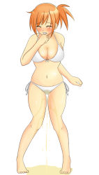 Rule 34 | 1girl, artist request, bikini, blush, breasts, cleavage, closed eyes, creatures (company), crying, crying with eyes closed, curvy, game freak, highres, large breasts, misty (pokemon), navel, nintendo, orange hair, pee, peeing, peeing self, pokemon, puddle, simple background, standing, swimsuit, tears, white background, white bikini