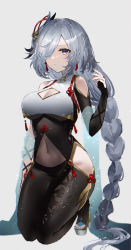 Rule 34 | 1girl, :|, absurdres, aqua nails, bare shoulders, black bodysuit, blue eyes, bodysuit, braid, breast curtain, breasts, cleavage, cleavage cutout, closed mouth, clothing cutout, commentary, covered navel, earrings, flower knot, full body, genshin impact, gradient eyes, grey background, grey hair, hair ornament, hair over one eye, hand up, high heels, highres, hip vent, jewelry, kneeling, large breasts, long hair, looking to the side, low-braided long hair, low-tied long hair, multicolored eyes, nail polish, platform footwear, raiya atelier, see-through, shenhe (genshin impact), shoulder cutout, simple background, single braid, solo, tassel, tassel earrings, thighs, toenail polish, toenails, turtleneck, very long hair