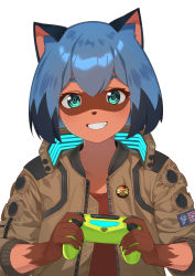 Rule 34 | 1girl, :d, animal ear fluff, animal ears, animal nose, badge, blue hair, bob cut, brand new animal, brown jacket, brown shirt, button badge, claws, commentary, commentary request, controller, cosplay, cyberpunk (series), cyberpunk 2077, dark-skinned female, dark skin, furry, furry female, game console, game controller, glowing, green eyes, grin, hair between eyes, highres, holding, holding controller, holding game controller, imori (lizzy), jacket, kagemori michiru, looking at viewer, multicolored hair, open mouth, patch, playstation 4, raccoon ears, raccoon girl, samurai jacket (cyberpunk), shirt, short hair, smile, solo, symbol-only commentary, teeth, thick eyebrows, two-tone hair, unzipped, upper body, v (cyberpunk), v (cyberpunk 2077), v (cyberpunk 2077) (cosplay)
