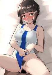 Rule 34 | 1boy, 1girl, ass, black eyes, black hair, blush, breasts, censored, clothing aside, competition swimsuit, female pubic hair, furaggu (frag 0416), hetero, highres, kantai collection, long hair, lying, medium breasts, missionary, mosaic censoring, myoukou (kancolle), nipples, one-piece swimsuit, pubic hair, sex, swimsuit, swimsuit aside, vaginal