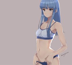 Rule 34 | 10s, 1girl, beige background, blue eyes, blue hair, blue panties, bra, breasts, eight tohyama, grey background, hatsukaze (kancolle), kantai collection, long hair, matching hair/eyes, navel, panties, panty lift, panty pull, sidelocks, simple background, small breasts, solo, twitter username, underwear, underwear only, white bra