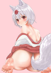 Rule 34 | 1girl, absurdres, animal ears, ass, barefoot, blush, eyebrows hidden by hair, from behind, hat, highres, inubashiri momiji, looking at viewer, looking back, off shoulder, pleated skirt, red eyes, red skirt, risiyun, short hair, silver hair, skirt, soles, solo, tail, toes, tokin hat, touhou, upskirt, wolf ears, wolf tail
