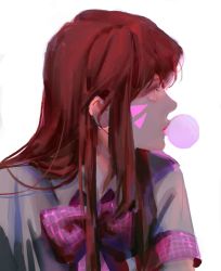 Rule 34 | 1girl, bad id, bad twitter id, bow, bowtie, brown eyes, brown hair, blowing bubbles, chewing gum, collared shirt, d.va (overwatch), facepaint, facial mark, highres, long hair, looking away, overwatch, overwatch 1, pilyeon, profile, shirt, short hair, simple background, solo, upper body, whisker markings, white background