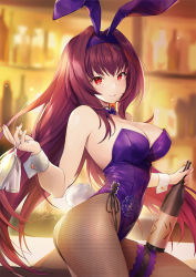 Rule 34 | 1girl, animal ears, bar (place), bare shoulders, blush, bottle, bow, bowtie, breasts, bridal garter, cleavage, covered navel, cup, detached collar, drinking glass, fake animal ears, fate (series), fishnet pantyhose, fishnets, flower, hair between eyes, hair intakes, highleg, highleg leotard, holding, holding bottle, kagachi saku, large breasts, leotard, long hair, looking at viewer, looking to the side, official alternate costume, pantyhose, parted lips, playboy bunny, purple hair, purple leotard, rabbit ears, rabbit tail, red eyes, scathach (fate), scathach (piercing bunny) (fate), smile, solo, tail, thighs, wrist cuffs