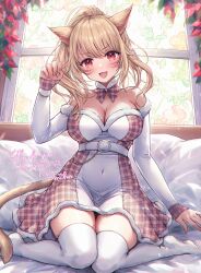 Rule 34 | 1girl, animal ears, bare shoulders, belt, blonde hair, blush, breasts, cat ears, cat girl, cat tail, cleavage, commission, detached sleeves, dress, facial mark, fang, final fantasy, final fantasy xiv, fur-trimmed dress, fur trim, highres, large breasts, long hair, looking at viewer, miqo&#039;te, mirukurim, open mouth, ponytail, red eyes, sitting, skeb commission, skin fang, tail, thighhighs, wariza, warrior of light (ff14), whisker markings, white thighhighs, window