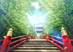 Rule 34 | absurdres, architecture, blue sky, bridge, cloud, commentary request, day, east asian architecture, falling leaves, grass, highres, huge filesize, lamppost, leaf, lens flare, mahiro (mahiroht), nature, no humans, original, outdoors, railing, rock, scenery, shrine, sky, stairs, sunlight, tree