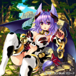 Rule 34 | 1girl, animal print, armpits, bat wings, bell, breasts, chain, claws, collar, cow print, demon girl, female focus, horns, huge breasts, image sample, neck bell, pixiv sample, purple hair, red eyes, ribbon, solo, thighhighs, toh., wings
