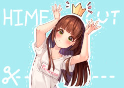 Rule 34 | 1girl, blunt bangs, blunt ends, blush, breasts, casual, closed mouth, clothes writing, commentary, crown, dotted line, english commentary, english text, green eyes, hair over shoulder, hands up, happy, hime cut, hyanna-natsu, leaning to the side, blue background, long hair, looking at viewer, making-of available, notice lines, original, outline, scissors, shirt, short sleeves, simple background, small breasts, smile, solo, t-shirt, tareme, upper body, white outline, white shirt