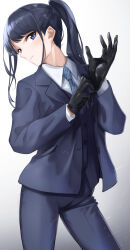 Rule 34 | 1girl, absurdres, black gloves, blue eyes, blue hair, blue necktie, closed mouth, collared shirt, diagonal-striped clothes, diagonal-striped necktie, dress shirt, formal, gloves, gradient background, grey background, grey jacket, grey pants, grey suit, grey waistcoat, hair behind ear, highres, idolmaster, idolmaster shiny colors, jacket, kazano hiori, long sleeves, looking to the side, necktie, okano yuuto, pants, ponytail, shirt, solo, striped clothes, suit, three-piece suit, vertical-striped clothes, vertical-striped necktie, white background, white shirt