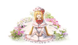 Rule 34 | 1girl, :d, ^ ^, absurdres, blonde hair, bow, bowtie, capelet, closed eyes, dress, fairy, fairy wings, flower, happy, hat, highres, lily white, long hair, long sleeves, open mouth, red bow, red bowtie, redden wang, simple background, sitting, smile, solo, touhou, wariza, white background, white capelet, white dress, white hat, wide sleeves, wings