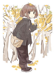 Rule 34 | 1girl, absurdres, autumn, autumn leaves, bag, blush, brown eyes, brown footwear, brown hair, brown pants, closed mouth, collared shirt, from side, full body, ginkgo leaf, hand up, highres, jacket, leaf, leaf on head, long sleeves, looking at viewer, original, outdoors, pants, plaid, plaid shirt, ponytail, sasaxxxx06, shirt, shoes, short hair, shoulder bag, sketch, sneakers, solo, standing, tree, twitter username, v
