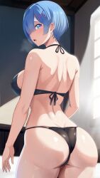 Rule 34 | 1girl, arms at sides, ass, bikini, blue eyes, blue hair, blush, breasts, breath, from behind, hair ornament, hair over one eye, indoors, large breasts, looking at viewer, looking back, one eye covered, open mouth, re:zero kara hajimeru isekai seikatsu, rem (re:zero), shiny skin, short hair, standing, swimsuit, the amazing gambit, wet