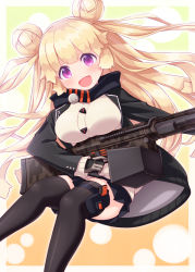 Rule 34 | 1girl, :d, black jacket, black skirt, black thighhighs, blonde hair, blush, breasts, cardigan, commentary request, double bun, girls&#039; frontline, gloves, grey gloves, gun, hair bun, harada (sansei rain), highres, hk23, hk23 (girls&#039; frontline), holding, holding gun, holding weapon, jacket, large breasts, long hair, long sleeves, looking at viewer, machine gun, name connection, object namesake, open clothes, open jacket, open mouth, pleated skirt, purple eyes, skirt, sleeves past wrists, smile, solo, thighhighs, two side up, very long hair, weapon, white cardigan