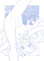 Rule 34 | 1girl, blue theme, blunt bangs, blush, bow, bow panties, breasts, commentary, crotch seam, ellee-chan, gusset, hair ribbon, highres, hirogaru sky! precure, kneepits, long hair, looking at viewer, miyagoe yoshitsuki, monochrome, navel, nipples, open mouth, outstretched arms, panties, panties under pantyhose, pantyhose, precure, ribbon, small breasts, smile, spot color, spread arms, spread legs, topless, two side up, underwear, upside-down