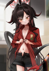 Rule 34 | 1girl, ahoge, black hair, black horns, black shorts, black tail, blue archive, breasts, buttoning, closed mouth, collared shirt, cowboy shot, demon horns, demon tail, dienot0, hair intakes, halo, highres, horns, kasumi (blue archive), long hair, long sleeves, open clothes, open shirt, red halo, red shirt, revision, shirt, shorts, small breasts, solo, tail, yellow eyes