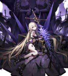 Rule 34 | absurdres, alchemy stars, areia (alchemy stars), black footwear, blonde hair, boots, breasts, celtic cross, cross, highres, huge weapon, long hair, looking at viewer, medium breasts, spikes, statue, thorns, toes, very long hair, weapon, yibuzi
