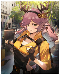Rule 34 | 1girl, absurdres, animal ears, antlers, apron, arknights, black apron, black gloves, breasts, city, cleavage, coldshot (arknights), deer antlers, deer ears, deer girl, fingerless gloves, gloves, green eyes, hair ornament, highres, holding, horns, huajiaohaibao, long hair, looking at viewer, medium breasts, mole, mole under mouth, outdoors, parted lips, pink hair, shirt, short sleeves, smile, solo, tree, upper body, yellow shirt