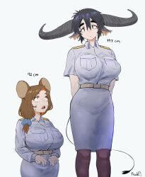 animal_ears belt breasts droopy_ears earrings height_difference highres jewelry large_breasts maikamiaka mouse_girl original pantyhose pencil_skirt shirt shortstack skirt tail tall_female thick_eyebrows white_background